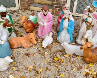 Lot 007-BH: Vintage Nativity Scene Blow Molds

Includes: Vintage Blow Molds of Joseph, Mary, Baby Jesus, 1 Shepherd, 3 Wise Men and 3 camels, a cow and a sheep


Condition: Fair overall Condition. Coloring is worn from age and use. Please see pictures for additional details. These date from the late-1970s/early-1980s and were well-used for at least two decades. The top of Mary’s head is missing and the cow is missing her right ear. One camel appears to be an albino. We did not test this set to see whether individual molds light up.
