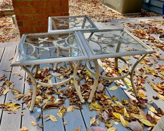 Lot 078-PAT: Trio of Hampton Bay Patio Tables

Features: 
•	Three matching Hampton Bay metal patio side tables with glass inserts

Dimensions: 18” square x 17.5” H


Condition: Good pre-owned condition. Some blemishes and weathering are visible on the painted metal finishes.
