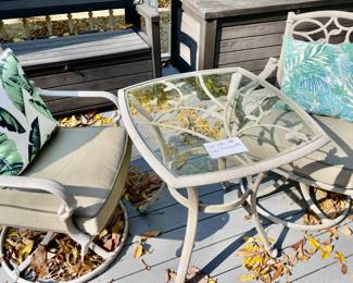 Lot 074-PAT: Hampton Bay Patio Furniture Assortment #2

Includes: 
•	Hampton Bay metal table with glass insert and 2 matching swivel chairs
•	Includes cushions and pillows

Dimensions: 
•	Table: 26” square top x 27.5”H
•	Chairs: 21”W (seat) x 19.5”D (seat) x 19.5”H (w/cushion) and 35.5”H (back)


Condition: Good pre-owned condition. Finish blemishes and weathering are visible on table leg and chairs. Please see pictures for details. 
