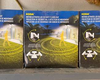 Lot 017-GAR: Koda Motion-Activated Security Floodlights

Includes: 
•	Three LED floodlights (one in each box)
•	Each floodlight features three heads which are independently-adjustable

Dimensions: 8.7” x 11.8” x 5.6” (see diagrams on box photos for additional details)

Condition: All units are new-in-box and unopened.
