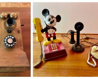 Lot 040-GAR: Vintage Telephones

Features: 
•	“The Mickey Mouse Telephone” by American Telecommunications Corp.
•	Antique Candlestick Phone, manufactured by AT&T (“property of American Telephone & Telegraph Co.”)
•	Vintage beige touch-tone “Princess” Phone
•	Antique Western Electric Wall Phone

Dimensions: For reference: Mickey Mouse Phone is 14.75”H. Western Electric Wall Phone 19”L x 8”W


Condition: Phones are in fair cosmetic condition; we did not test them. See photos for additional details. The insides of the Western Electric Wall phone (wires, diagrams, magneto, etc.) are in Very Good original condition!
