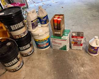 Lot 023-GAR: Sheetrock, Sealing and Resurfacing Compounds

Includes: 
•	3 3.75-gallon cans of Deck Restore/Liquid Armor Resurfacer
o	Note that one can has been opened and is partially-used (c. half-full)
o	Dates from 2012
•	5-gallon can of Behr concrete & masonry interior/exterior waterproofing compound
•	1-gallon bottle of Zep concrete/masonry/driveway cleaner
•	1-gallon bottle of Quickcrete Quickprep concrete etcher/cleaner/degreaser
•	3.5 gallon container of USG All-purpose Sheetrock compound
•	4 spray cans of Silicone Water-Guard
•	1 gallon can of Thompson’s Water Seal
•	1 gallon bottle of Krud Kutter Multi-Purpose House Wash


Condition: All containers (except one can of Deck Restore) are unopened/unused. Note that items vary in age and some are several years old. Items were stored in a temperature-controlled garage/basement.
