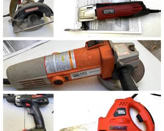 Lot 056-GAR: Power Tool Assortment #2

Includes: 
•	Black & Decker Navigator Jigsaw/Handsaw, Model SC500, Very Good working condition
•	Chicago Electric Variable-Speed Multifunction Power Tool, Item #63113, Very Good working condition
•	Chicago Electric 4 1/2" Angle Grinder, Item #91223, Good working condition
•	Drill Master 1500W Dual-temperature Heat Gun, Item #96289, Good working condition (original box included); rubber handle is sticky from age/storage
•	(Brand Unknown) Heat Gun Accessory Kit, Item #95301, new in box
•	Drill Master 18V Cordless Drill (blue), Item #903474, with battery (no charger), Good working condition
•	Drill Master 18V Cordless Drill (black), Item #68287A, with battery (Item #68413) and charger, Good working condition
•	Craftsman 3x21-in Belt Sander, Model 315.117151, Good working condition
•	Craftsman 7 ¼” Circular Saw, Model 315.108470; no blade attached, didn’t run when powered up


All items were briefly powered up unless otherwise indicated.

