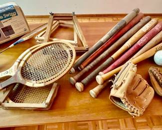 Lot 038-GAR: Vintage Recreational Sports Equipment

Includes: 
•	7 old baseball bats (6 wooden, 1 aluminum), including:
o	One vintage Louisville Slugger 125A bat made by Hillerich and Bratsby (see photos)
o	A vintage red Hillerich and Bratsby “Pro” bat
•	Vintage baseballs, baseball gloves, badminton racquets
•	Vintage Makaha skateboard
•	Vintage tire swing mounting kit in its original box (“Tire not included”)


Condition: Varies from Fair to Very Good pre-owned condition
