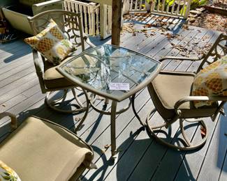 Lot 076-PAT: Hampton Bay Patio Furniture Assortment #3

Features: 
•	Hampton Bay metal table with glass insert and 3 swivel chairs
•	Includes cushions and pillows

Dimensions: 
Table: 26” square top x 27.5”H
Chairs: 21”W (seat) x 19.5”D(seat) x 19.5”H (w/cushion) and 35.5”H (back)


Condition: Good pre-owned. Some blemishes on finish. 
