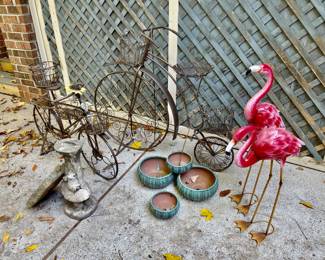 Lot 094-GAR: Bikes and Flamingos and Yard Art, Oh My!

Features: 
•	2 metal yard bike plantstands
•	4 turquoise pots
•	2 flamingos
•	Small concrete bird bath 
Dimensions: For reference: flamingo – 37.5”H

Condition: Generally good pre-owned condition. One of the ceramic turquoise pots has a noticeable crack in its bottom. One bicycle exhibits a slightly-weathered patina.


