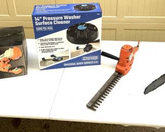 Lot 068-GAR: Outdoor Power Tool Assortment

Includes: 
•	Corona Electric Pole Saw & Tree Pruner (a/k/a chain saw) TP 4000
o	1.5 HP
o	Runs; Fair cosmetic condition (well-used)
•	Black & Decker U-172 Hedge Trimmer
o	Runs; Fair cosmetic condition (well-used)
•	Harbor Freight Electric Chain Saw Sharpener (“new” in box; not tested)
•	(Brand Unknown) 14” Pressure Washer Surface Cleaner (“new” in box; not tested)
