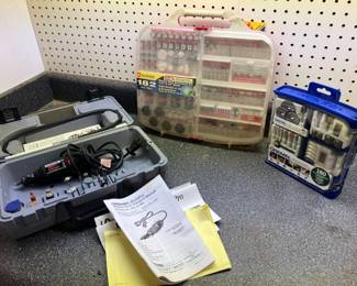 Lot 012-GAR: Dremel MultiPro and Accessories

Includes: 
•	Dremel MultiPro in hard-shell poly case with several accessories
•	Alltrade 182-piece rotary tool accessory kit
•	Dremel All-purpose Accessory Storage Kit


Condition: Dremel is in Very Good pre-owned working condition. Accessory kits are unopened and in original packaging.

