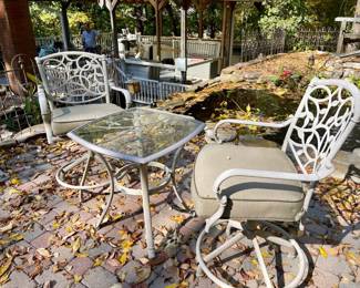 Lot 088-PAT: Hampton Bay Patio Furniture Assortment #5

Features: 
•	Hampton Bay metal table with glass insert and 2 tall chairs

Dimensions: 
•	Table: 26” square top x 27.5”H
•	Chairs: 21”W x 19”D x 21”H (seat from ground)


Condition: Good used. Needs cleaning. Finish blemishes from elements are visible.

