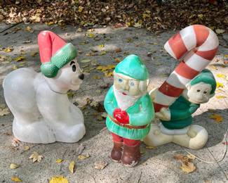 Lot 002-BH: Assorted Vintage Christmas Blow Molds #1

Features: 
•	Two Vintage Elves Blow Molds
•	Vintage Polar Bear Blow Mold


Condition: Fair-to-Good “vintage” condition. Coloring is worn from age and use, but no visible holes or structural damage are apparent. These date from the late-1970s/early-1980s and were well-used for at least two decades.

•	The Polar Bear’s light fixture works.
•	The Elf w/the Candy Cane’s electrical cord is missing one prong; the cord needs to be replaced.
•	The Standing Elf Blow Mold is missing its power cord/light fixture.
