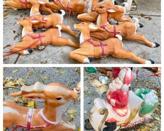 Lot 006-BH: Vintage Santa & His Reindeer Blow MoldsIncludes: A Vintage Santa on his sleigh, plus Rudolph and the other 8 Reindeer

•	Santa and his sleigh separate in two pieces (separating at his torso.)
•	The Reindeer have some ground stakes attached and extra stakes are included.
•	Rudolph does have an electric cord present but the other reindeer do not, though they do have access holes for them.


Condition: Coloring is worn from age and use. These date from the late-1970s/early-1980s and were well-used for at least two decades.

•	Santa and his sleigh have apparent scratches. The unit does light up.
•	All Reindeer show scratches. Rudolph’s will need a red light bulb, but it does light up. One of the other Reindeer has part of its stomach missing where a ground stake attachs.

