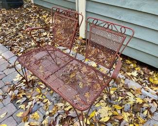 Lot 087-PAT: Wrought-Iron Bench

Features: 
•	Reddish-brown wrought-iron bench with dual seatbacks
•	Color and style match those in Lot 086-PAT

Dimensions: 34”W x 15.5”D (seat) x 16.5”H (seat) and 30.5”H (back)

Condition: Solid piece. Paint is chipped and weathered. Good pre-owned condition.
