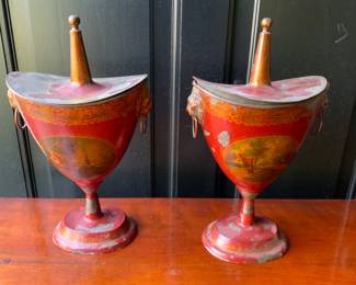 Pair 19th C. Red Tole Chestnut Urns