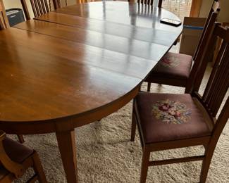 1940s dining table with 6 chairs and 3 leaves, including custom table pad