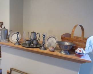 Antique and vintage pewter. Dala horse basket.