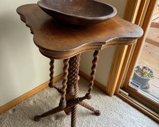 Victorian turned leg table.  Antique wooden dough bowl.