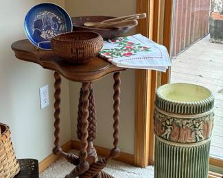 Victorian turned leg table.  Antique wooden dough bowl. Roseville umbrella stand