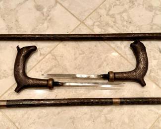 $800/each.  (2) available. Niello Crook Handle envelope opener canes   (1) horse head, (1) jungle cat head