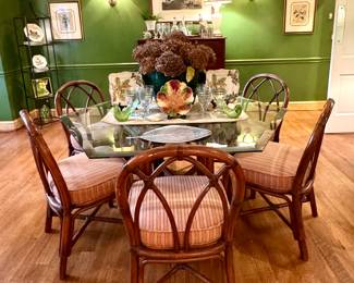 $2200 - Brown & Jordan Rattan Table w/ 6 Chairs 54" Hexagon Table; 4 Chairs 19x18.5x34; 2 arm chairs 21x18.5x34 