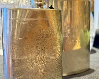 Vintage pewter flasks; $100 - Etched Hunter:  $80-vintage monogram and dated 1976.