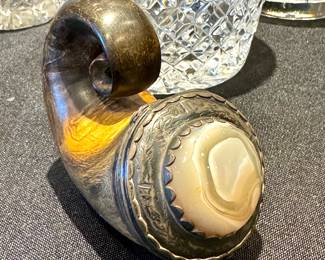 Price avail upon request: Antique engraved curly horn snuff mull with agate stone. 