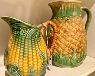 $100.  “As Is” Majolica pineapple pitcher.  9” H                         $28.  FFAS corn pitcher, made in France.  6.5”H