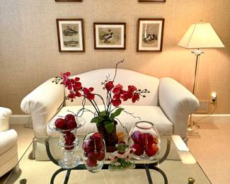 $500 - Camelback Settee by Sherrill 71x37x33  $800 - Glass and Metal Coffee Table  45x24x19.5