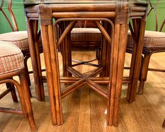 $2200 - Brown & Jordan Rattan Table w/ 6 Chairs 54" Hexagon Table; 4 Chairs 19x18.5x34; 2 arm chairs 21x18.5x34 