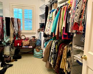 Shop this incredible wardrobe in person! Assorted Women's Designer Brands  - blouses s-m, pants (8-10), jackets (s-m), Shoes size 10