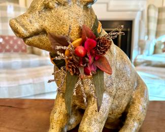 SOLD- Decorative Pig with Pinecone Collar - dressed for the holidays!