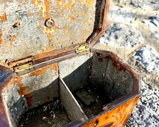 $550. Antique Georgian tea caddy with inlaid wood. Hinges need to be screwed in, inside shows wear. 7.5" L