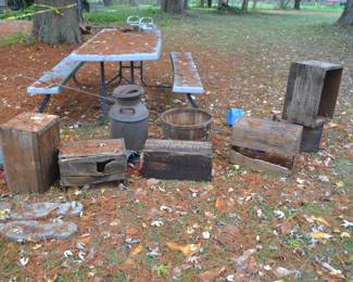 Misc. wood crates and milk can