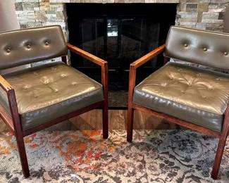 Walnut and Green Leather MidCentury Modern Chairs