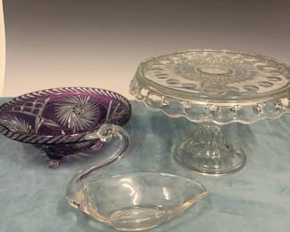 Purple Bohemian Glass Bowl Swan Candy Dish and Cake Plate