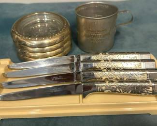 Carvel Hall by Briddell Steak Knives Coasters and EJ Petru Tin Coffee Cup