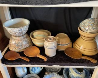 Spatterware bowls, crock butter churn, wooden paddles, old mixing bowls,  