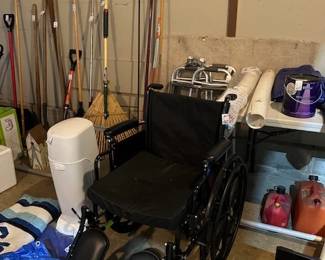 newer wheelchair, 2 walkers,  rakes, shovels, etc