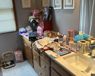 various bathroom items, including hot hair rollers, scale, pictures, shower curtain, bath rugs