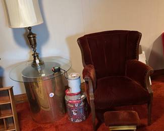 accent chair and shelve, brass lamp