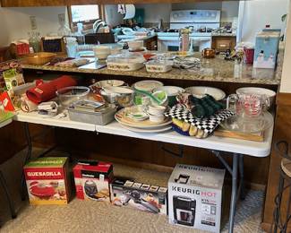 kitchen appliances and serving pieces and cookware