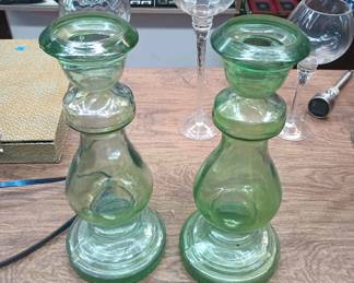 CIP074 - Green Tinted Glass Vases roughly 16 in. x 6 in. 