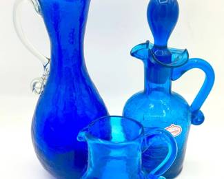 Rainbow Handmade Crackle Glass Cruet & (2) Crackle Glass Pitchers
