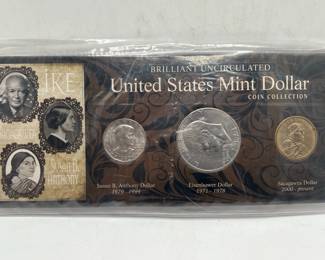 (3) Brilliant Uncirculated Eisenhower, Sacagawea, & Susan B Anthony Dollar Coins
