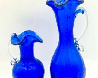 (2) Vintage Cobalt Blue Crackle Glass Pitchers
