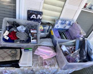 Three Totes Of Warm
Blankets, gloves, hats, socks, sheets, curtains, and more. Most in original plastic as seen in photos. Gold Coast, Marilyn Monroe, Peanuts, Heated, Bristol Bay, and more. 