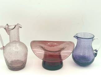 Blenko Crackle Top Hat & (2) Crackle Glass Pitchers
