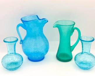 (4) Beautiful Blue Crackle Glass Pitchers
