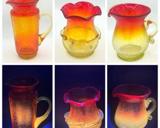 (3) Gorgeous Amberina Crackle Glass Pitchers
