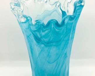 Murano Style Blue Ripple Swirl Art Glass Swung Vase
