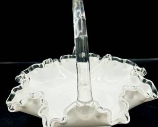 Vintage Fenton Silver Crest Ruffled Milk Glass Basket
